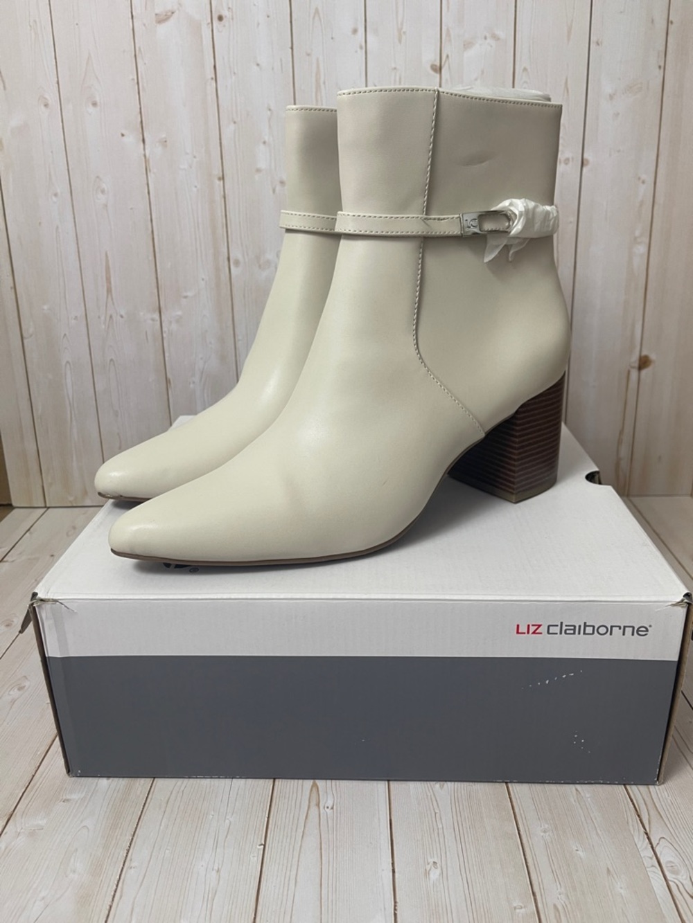 Liz Claiborne Tudor Cream Pointed-Toe Ankle Booties with Stacked Heel